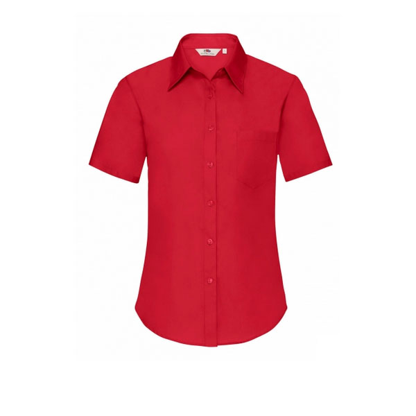 Camicia rossa cassiera supermercato - Camicia di colore rosso per cassiera supermercato manica corta da donna. Dispone di una tasca sul petto per appendere il portanome.